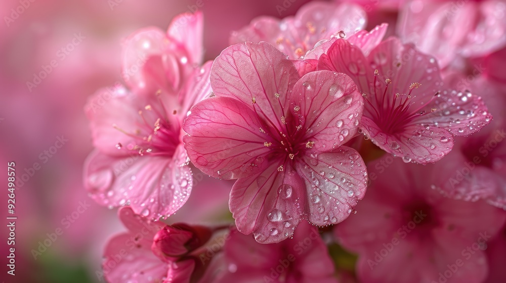 Fototapeta premium Pink cherry blossoms covered in dew glisten in soft sunlight during springtime