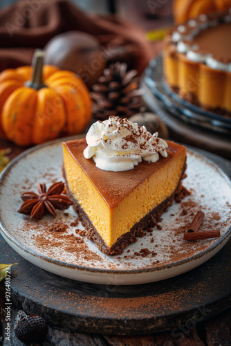 Wallpaper Mural A pumpkin cheesecake with a gingerbread crust, topped with a dollop of whipped cream and a sprinkle of nutmeg, set on a rustic wooden table with autumnal decorations. Torontodigital.ca