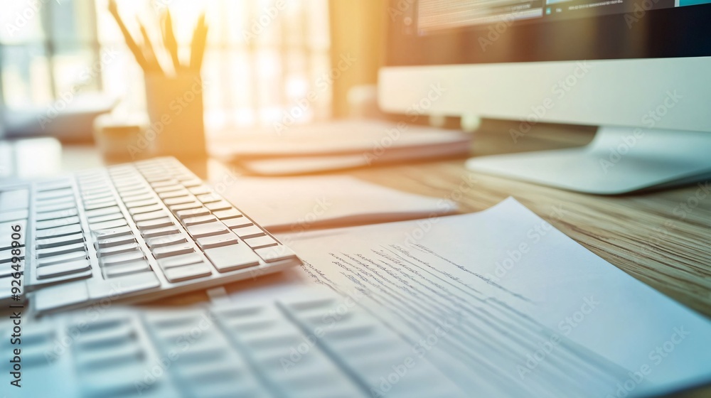 Close-up of a computer keyboard and a document on a wooden desk, with a computer monitor in the background. Close-up of a computer keyboard and a document on a wooden desk, with a computer monitor in the background.