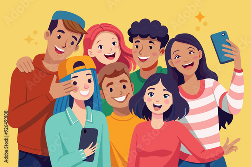 Happy friends guys and girls take a selfie. Photo of young people made on a smartphone. Vector illustration
