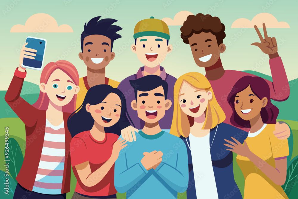 Happy friends guys and girls take a selfie. Photo of young people made on a smartphone. Vector illustration
Happy friends guys and girls take a selfie. Photo of young people made on a smartphone. Vector illustration