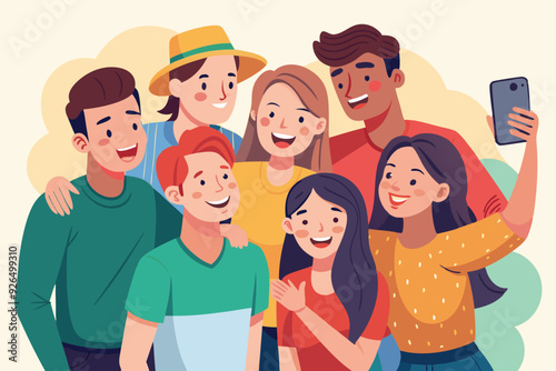 Happy friends guys and girls take a selfie. Photo of young people made on a smartphone. Vector illustration
