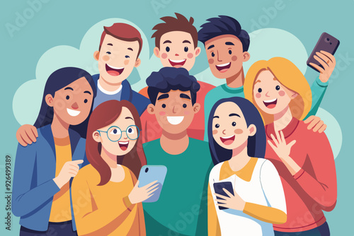 Happy friends guys and girls take a selfie. Photo of young people made on a smartphone. Vector illustration
