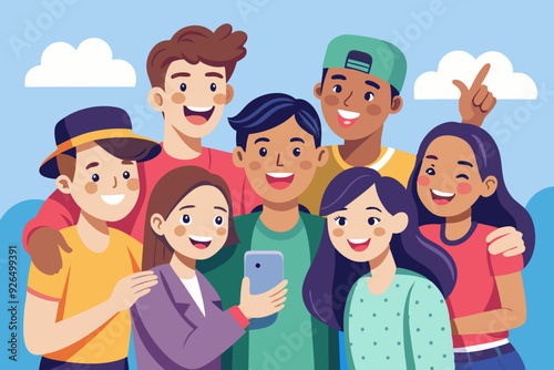 Happy friends guys and girls take a selfie. Photo of young people made on a smartphone. Vector illustration
