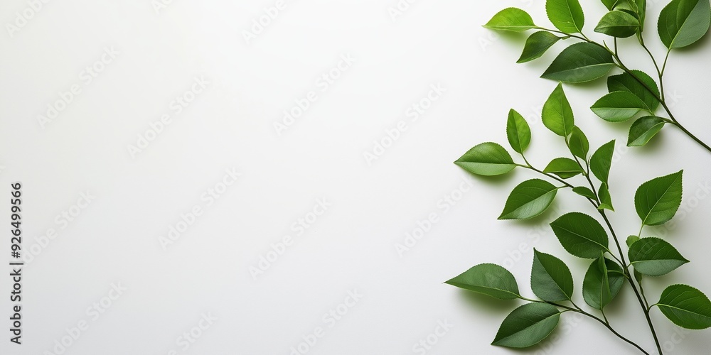 A sprig of green leaves artfully arranged on a clean white background, minimalistic and fresh. A sprig of green leaves artfully arranged on a clean white background, minimalistic and fresh.