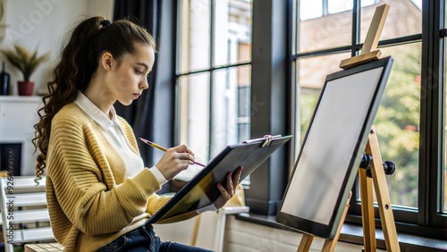  young woman artist using touchpad drawing on touch.
