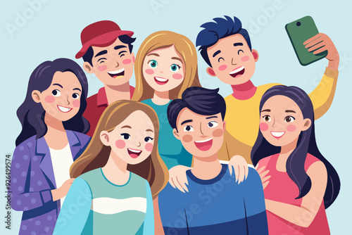 Happy friends guys and girls take a selfie. Photo of young people made on a smartphone. Vector illustration
