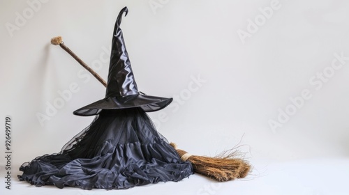 A witch costume, including hat and broom, displayed on a white background.