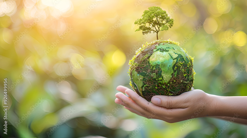 Hands proteActing globe of green tree on tropical Hands proteActing globe of green tree on tropical