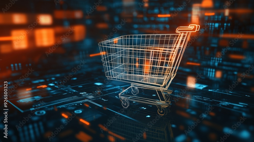 A glowing wireframe shopping cart on a digital, futuristic interface, representing the concept of online shopping, e-commerce, and digital retail technology. A glowing wireframe shopping cart on a digital, futuristic interface, representing the concept of online shopping, e-commerce, and digital retail technology.