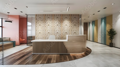 Meeting room with beautifying board wall, present day furniture on wood and pastel walls, idea of corporate office plan.