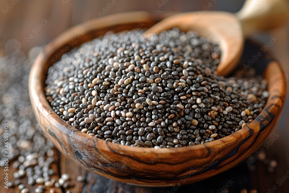 Fresh Organic Chia Seeds in Wooden Bowl - Health Food Concept for Superfood and Nutritional Design Fresh Organic Chia Seeds in Wooden Bowl - Health Food Concept for Superfood and Nutritional Design