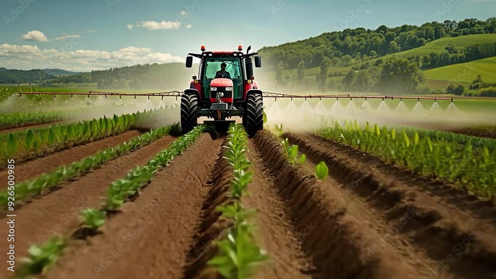 A farmer inspects the soil as a tractor sprays the area. A farmer inspects the soil as a tractor sprays the area.