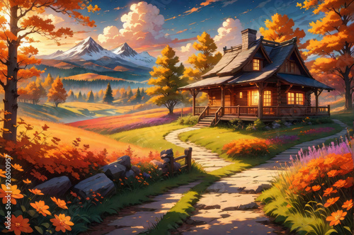 A house in the mountains. Autumn landscape.