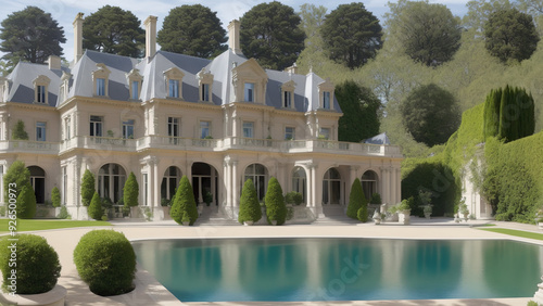 Villa Eugénie - illusion, mansion, estate, luxury, pool, trees, architecture, garden, outdoors, summer, elegant, house, building, exterior, water, reflections, symmetrical photo