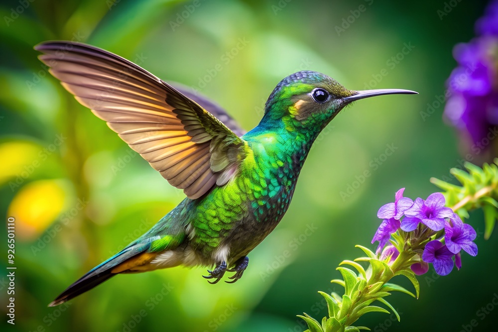 Fototapeta premium Vibrant Scaly-breasted hummingbird hovers in mid-air, iridescent feathers glistening, as it sips nectar from delicate purple flowers in a tropical lush green forest atmosphere.