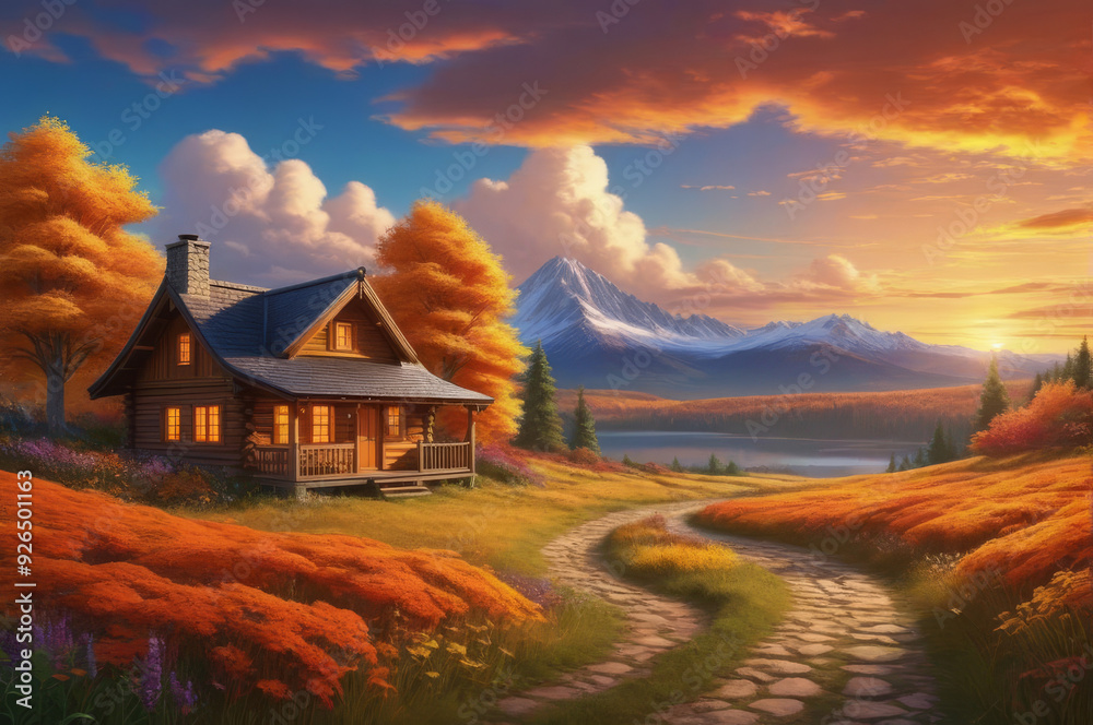 Obraz premium A house in the mountains. Autumn landscape.