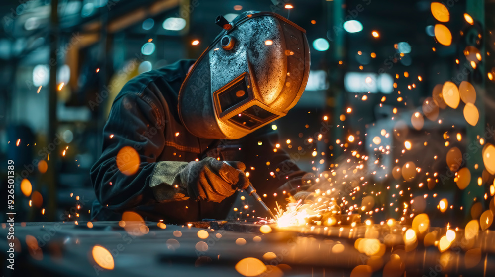 Portrait of a welder in protective gear. Warm ambient lighting creates a cozy industrial atmosphere.