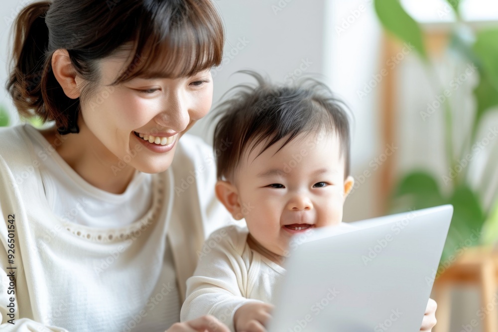 Happy mother and baby bonding time, smiling while using a laptop at home. Parenting with technology in a bright, cozy setting. Happy mother and baby bonding time, smiling while using a laptop at home. Parenting with technology in a bright, cozy setting.