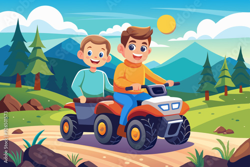 Active holidays. Quad biking. Man and boy are riding a quad bike 