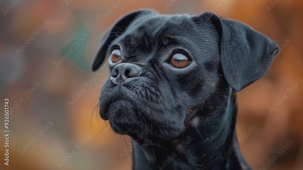 A black pug gazes thoughtfully in a park during autumn afternoon A black pug gazes thoughtfully in a park during autumn afternoon
