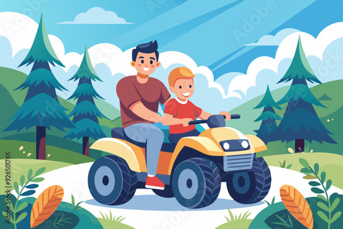 Active holidays. Quad biking. Man and boy are riding a quad bike
