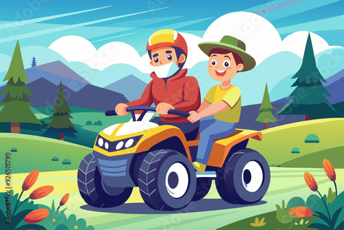 Active holidays. Quad biking. Man and boy are riding a quad bike
