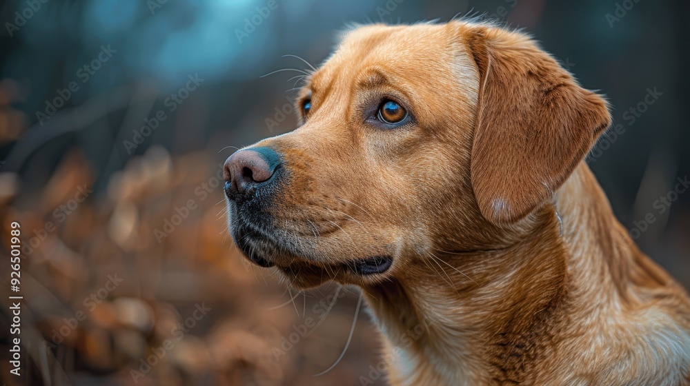 A golden retriever rests in a forest clearing during early morning light A golden retriever rests in a forest clearing during early morning light
