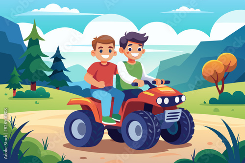 Active holidays. Quad biking. Man and boy are riding a quad bike
