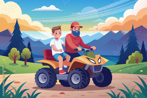 Active holidays. Quad biking. Man and boy are riding a quad bike
