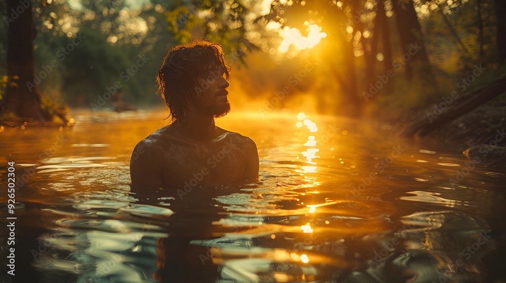 John baptizing Jesus in a calm river, reflections of the sky and trees on the water, sunlight streaming through the trees, creating a holy glow, clear and calm water, lush forest surroundings, John baptizing Jesus in a calm river, reflections of the sky and trees on the water, sunlight streaming through the trees, creating a holy glow, clear and calm water, lush forest surroundings,