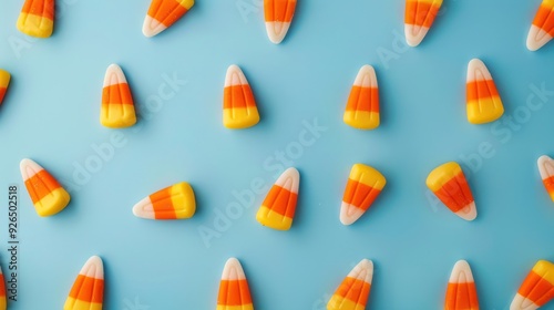 Cute and colorful candy corn and sweets arranged in a playful pattern.