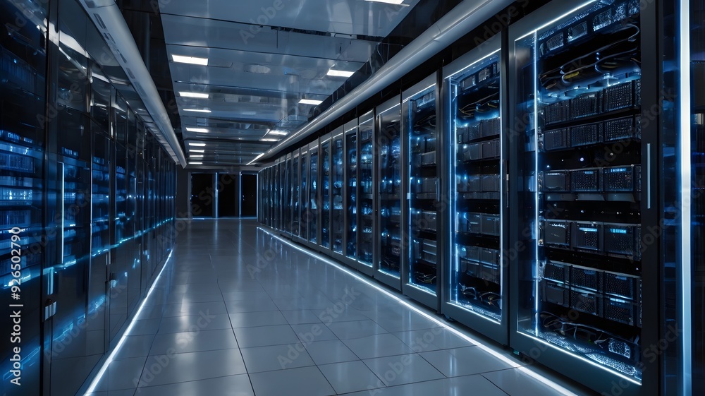 Data center with illuminated server racks and cable management systems at night
Data center with illuminated server racks and cable management systems at night