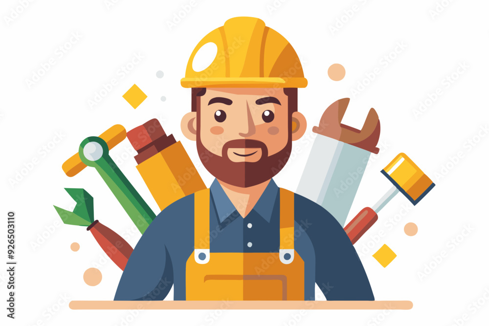 Builder man in a hard hat and with tools. Foreman or construction worker on a white background
Builder man in a hard hat and with tools. Foreman or construction worker on a white background