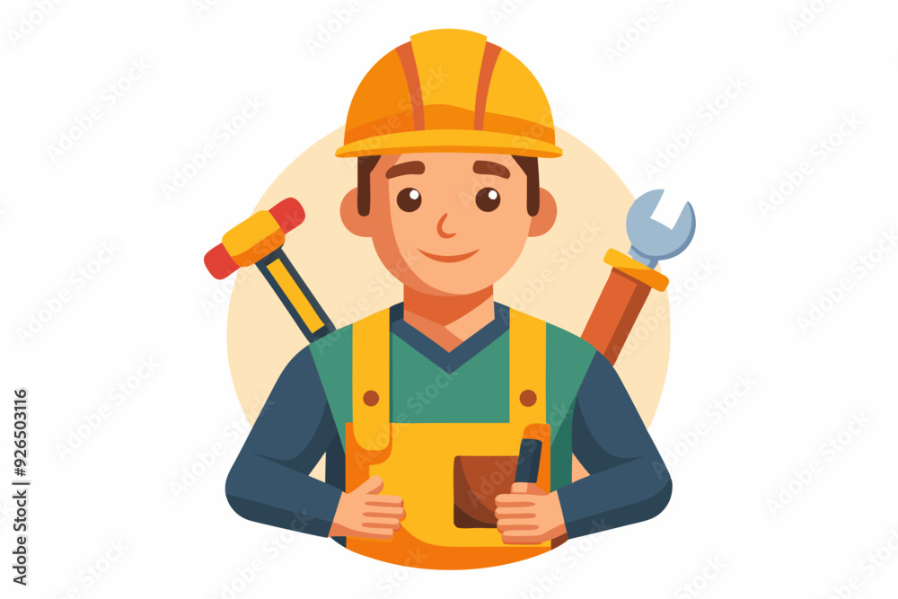 Builder man in a hard hat and with tools. Foreman or construction worker on a white background
