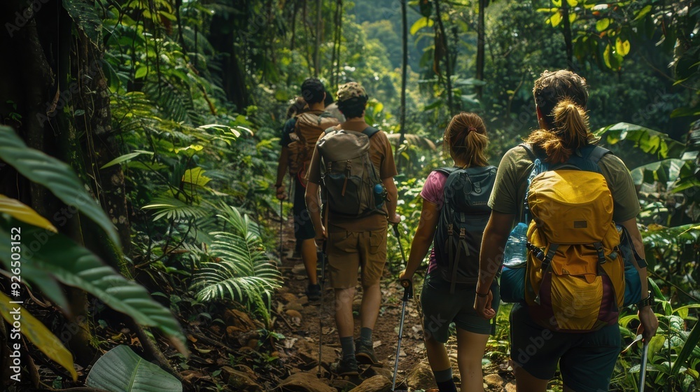 Hiking Through a Forest: A group of friends hiking through a dense, green forest. Hiking Through a Forest: A group of friends hiking through a dense, green forest.