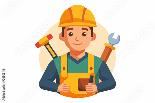 Builder man in a hard hat and with tools. Foreman or construction worker on a white background
