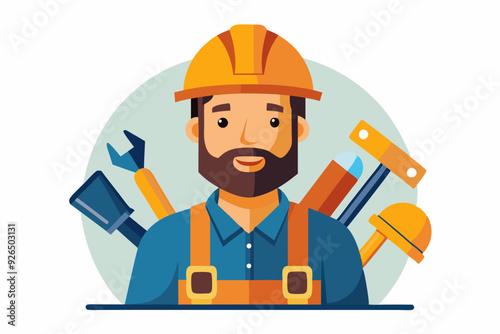 Builder man in a hard hat and with tools. Foreman or construction worker on a white background
