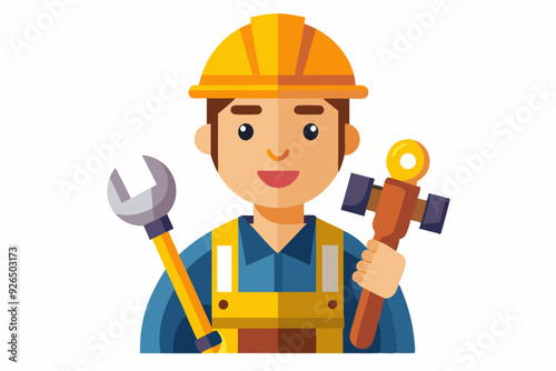Builder man in a hard hat and with tools. Foreman or construction worker on a white background
