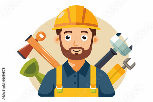 Builder man in a hard hat and with tools. Foreman or construction worker on a white background
