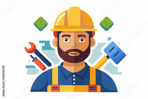 Builder man in a hard hat and with tools. Foreman or construction worker on a white background
