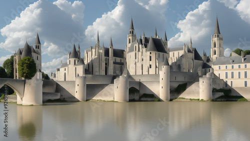 Amboise - illusion, castle, clouds, water, reflection, architecture, historic, medieval, bridge, spires, moat, European, building, sky, cloudy, river, old photo