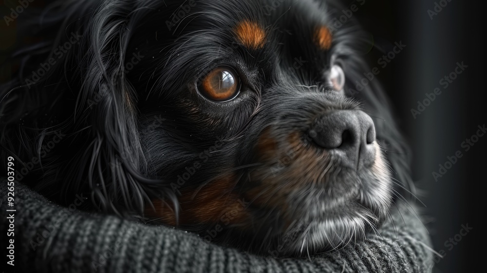 A curious black and tan dog resting peacefully indoors on a cozy sweater A curious black and tan dog resting peacefully indoors on a cozy sweater