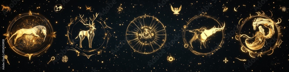 Golden Zodiac Elegance: AI-Generated Abstract Astrological Symbols Set. Celestial Marketing Art for Mystical Web Posters. Dreamy 4K Wallpaper Blending Cosmic Culture and Digital Artistry. Golden Zodiac Elegance: AI-Generated Abstract Astrological Symbols Set. Celestial Marketing Art for Mystical Web Posters. Dreamy 4K Wallpaper Blending Cosmic Culture and Digital Artistry.