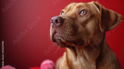 Wallpaper Mural A golden dog sits thoughtfully in front of a red backdrop with colorful yarn balls during a quiet indoor moment Torontodigital.ca