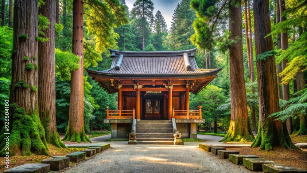 Scenic view of a traditional Japanese shrine surrounded by tall trees and a peaceful atmosphere, Japanese, shrine Scenic view of a traditional Japanese shrine surrounded by tall trees and a peaceful atmosphere, Japanese, shrine