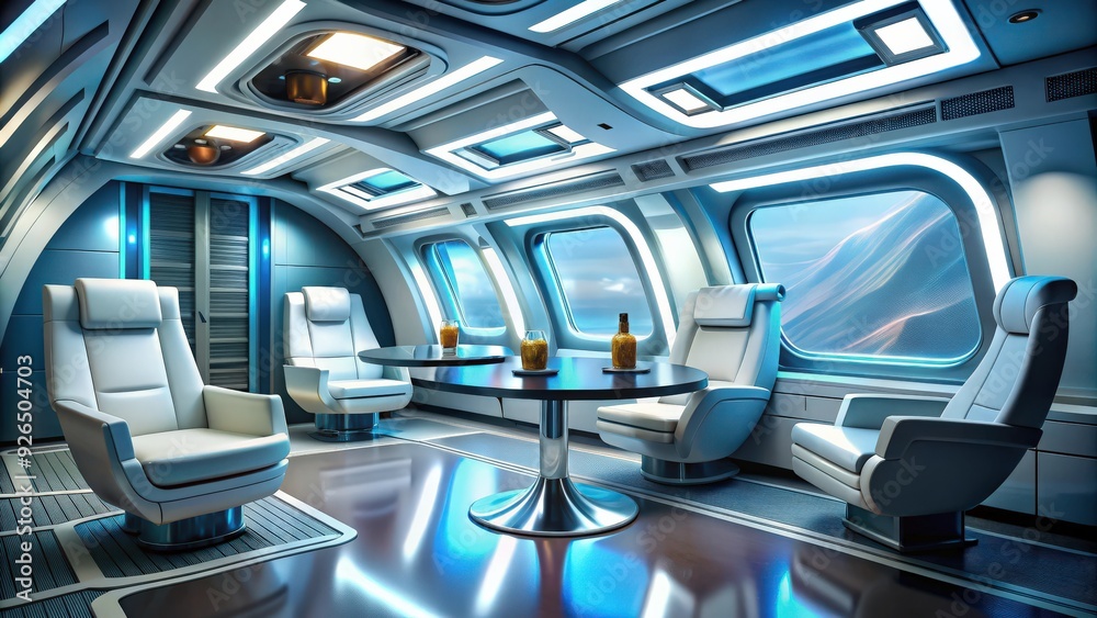 Futuristic spaceship interior with comfortable chairs and a table with drinks , Futuristic, spaceship, interior Futuristic spaceship interior with comfortable chairs and a table with drinks , Futuristic, spaceship, interior