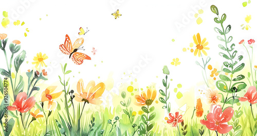 Watercolor painting of butterflies and wildflowers in a field, Watercolor painting, butterflies, wildflowers, field, artistic, nature scene, vibrant colors
