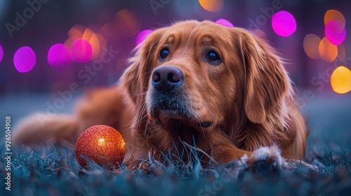 Golden retriever rests beside a sparkling ornament on grass illuminated by colorful lights during twilight