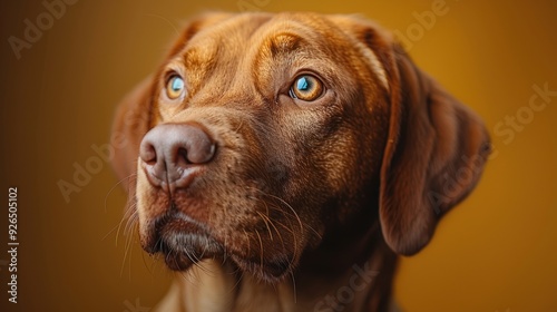 A close-up of a brown dog with striking blue eyes against a warm yellow backdrop